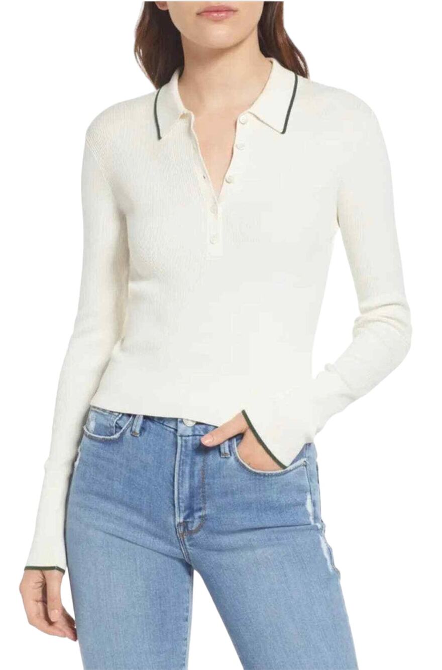 Frame Off White Shrunken Ribbed Silk Cotton Polo Sweater